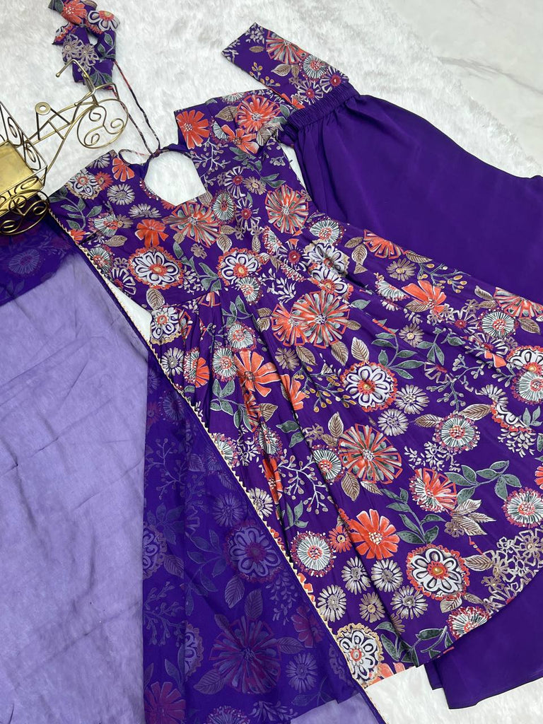 Purple Elegant Roman Silk Chanderi Kediya Kurta Set with Dupatta & Palazzo ClothsVilla