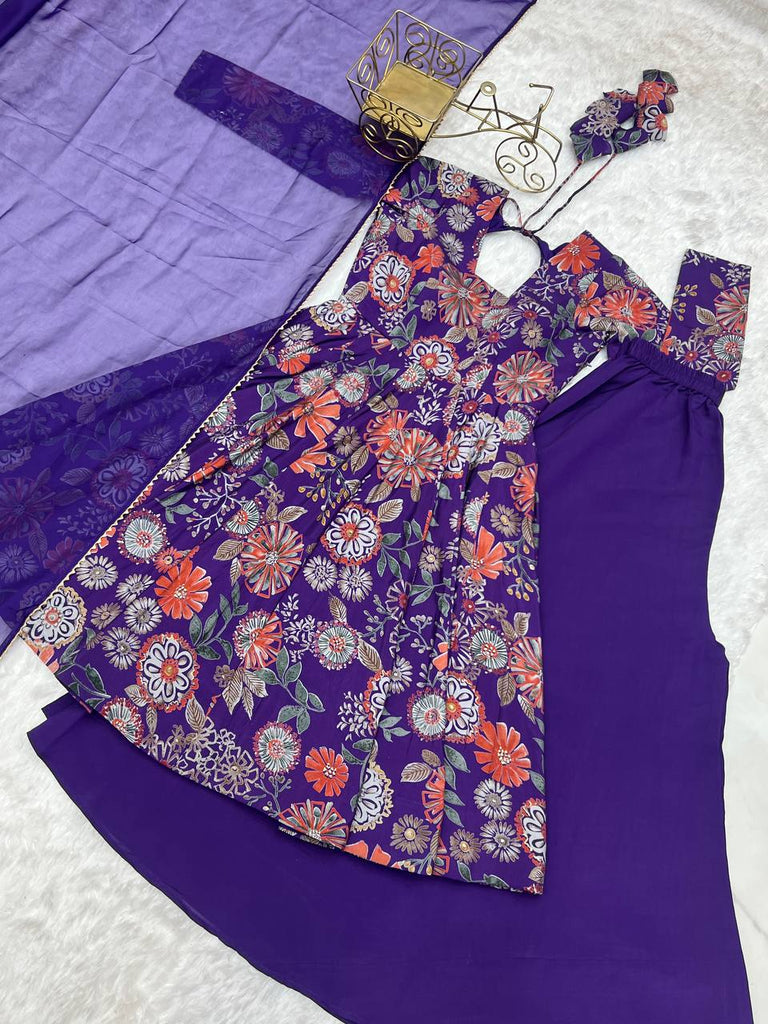 Purple Elegant Roman Silk Chanderi Kediya Kurta Set with Dupatta & Palazzo ClothsVilla