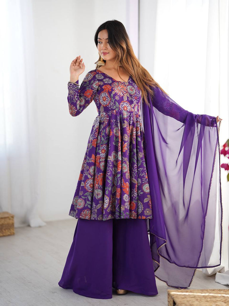 Purple Elegant Roman Silk Chanderi Kediya Kurta Set with Dupatta & Palazzo ClothsVilla