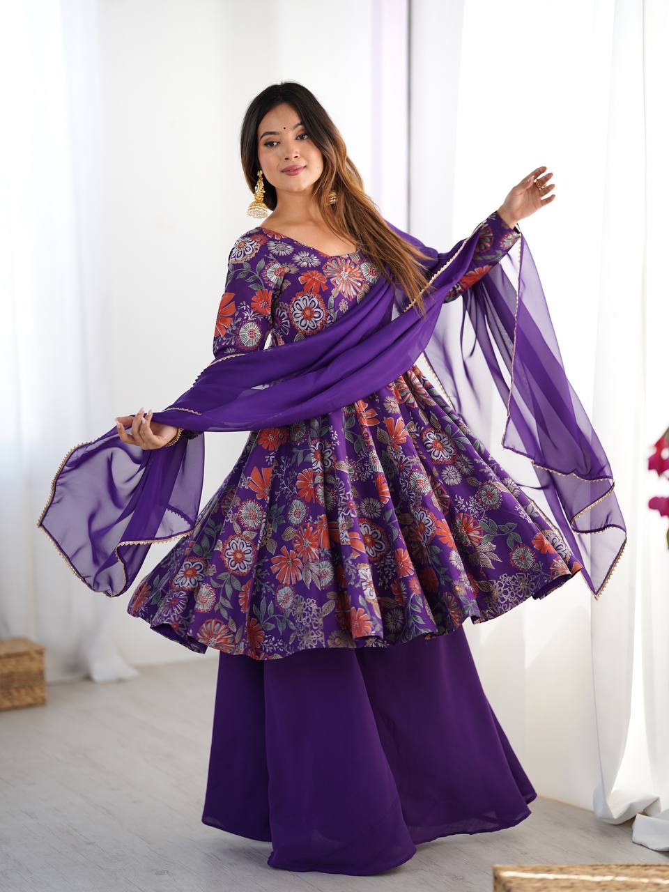 Purple Elegant Roman Silk Chanderi Kediya Kurta Set with Dupatta & Palazzo Secondary image