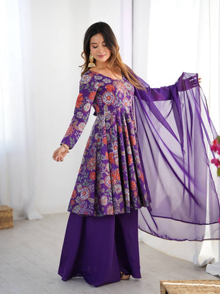 Purple Elegant Roman Silk Chanderi Kediya Kurta Set with Dupatta & Palazzo ClothsVilla