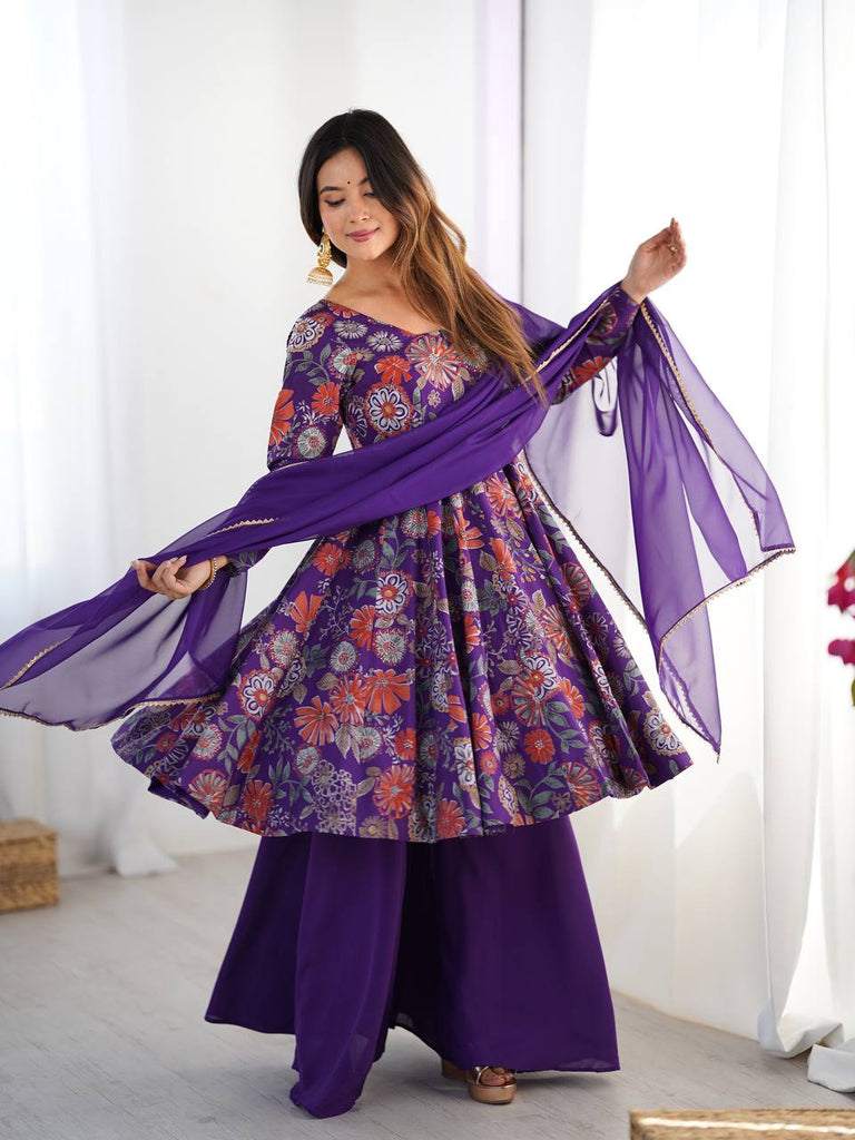 Purple Elegant Roman Silk Chanderi Kediya Kurta Set with Dupatta & Palazzo ClothsVilla