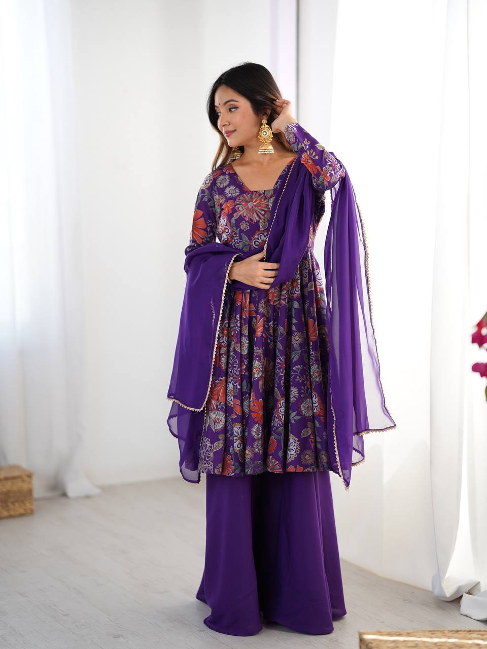Purple Elegant Roman Silk Chanderi Kediya Kurta Set with Dupatta & Palazzo ClothsVilla