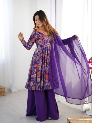 Purple Elegant Roman Silk Chanderi Kediya Kurta Set with Dupatta & Palazzo ClothsVilla