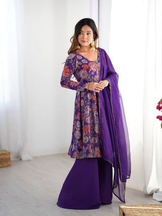 Purple Elegant Roman Silk Chanderi Kediya Kurta Set with Dupatta & Palazzo ClothsVilla