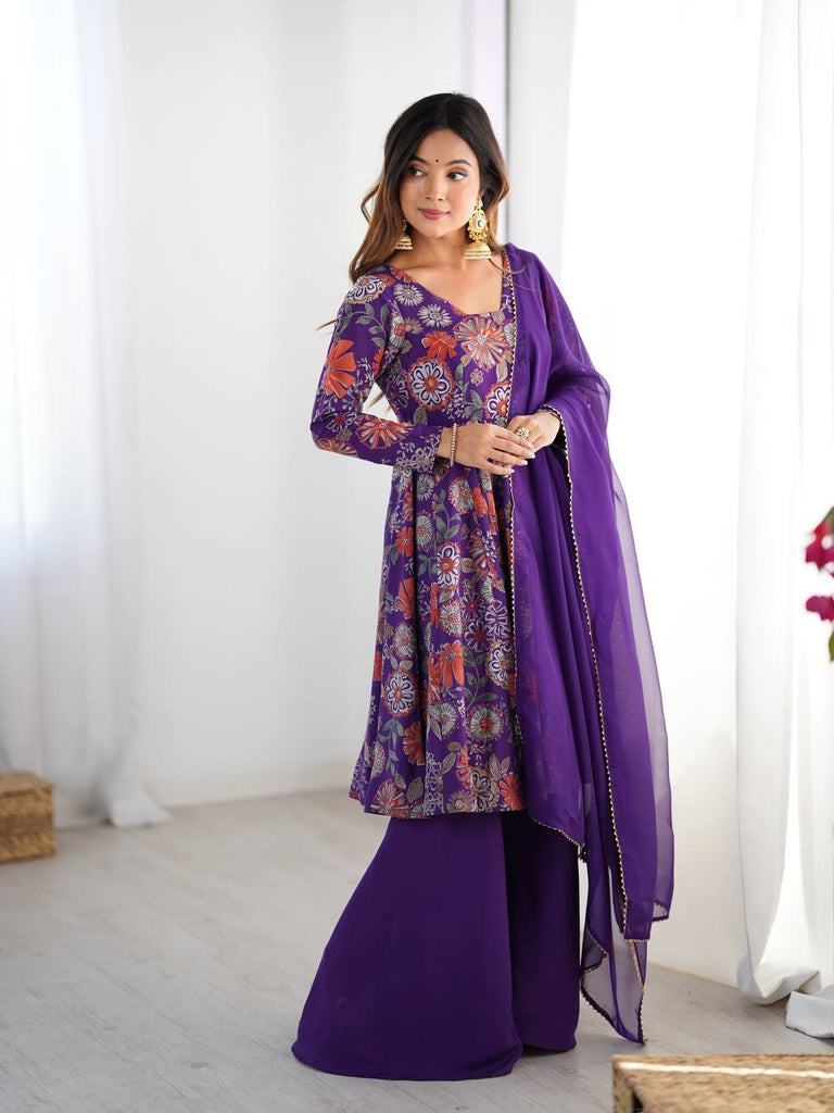 Purple Elegant Roman Silk Chanderi Kediya Kurta Set with Dupatta & Palazzo ClothsVilla