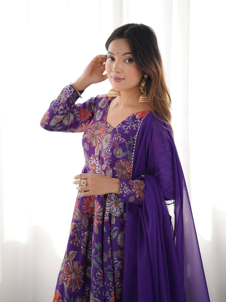 Purple Elegant Roman Silk Chanderi Kediya Kurta Set with Dupatta & Palazzo ClothsVilla