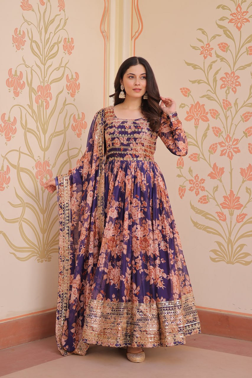 Purple Elegant Russian Silk Digital Print Gown with Embroidered Sequins Work & Dupatta ClothsVilla