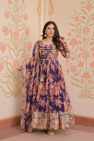 Purple Elegant Russian Silk Digital Print Gown with Embroidered Sequins Work & Dupatta ClothsVilla