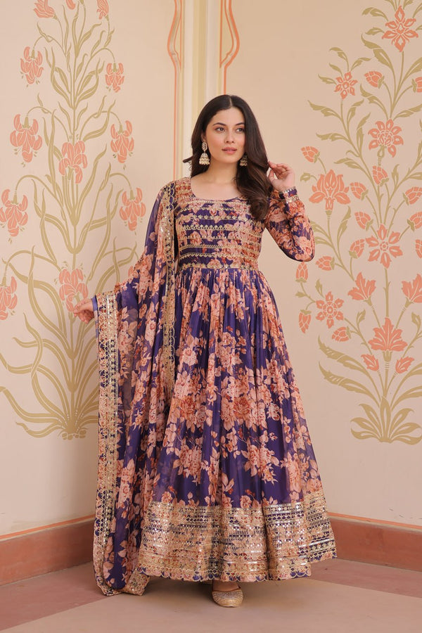 Purple Elegant Russian Silk Digital Print Gown with Embroidered Sequins Work & Dupatta ClothsVilla