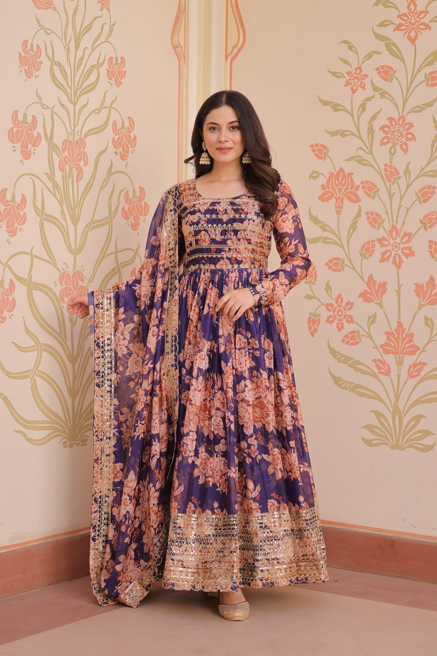 Purple Elegant Russian Silk Digital Print Gown with Embroidered Sequins Work & Dupatta ClothsVilla Main image
