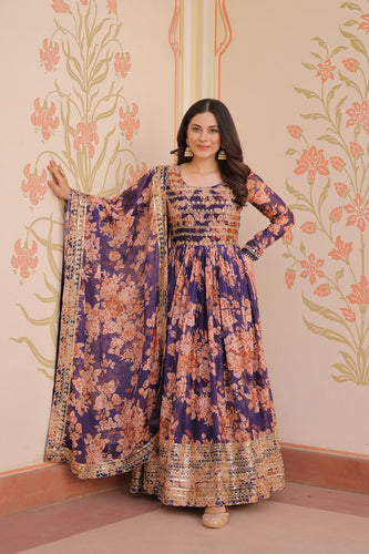 Purple Elegant Russian Silk Digital Print Gown with Embroidered Sequins Work & Dupatta ClothsVilla