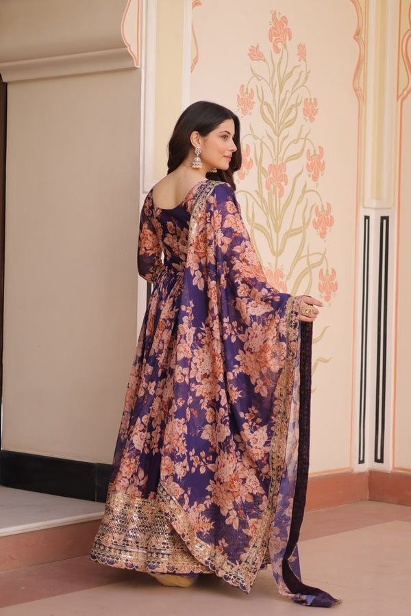 Purple Elegant Russian Silk Digital Print Gown with Embroidered Sequins Work & Dupatta ClothsVilla