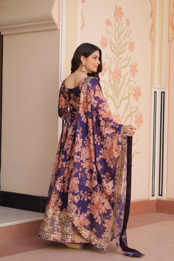 Purple Elegant Russian Silk Digital Print Gown with Embroidered Sequins Work & Dupatta ClothsVilla