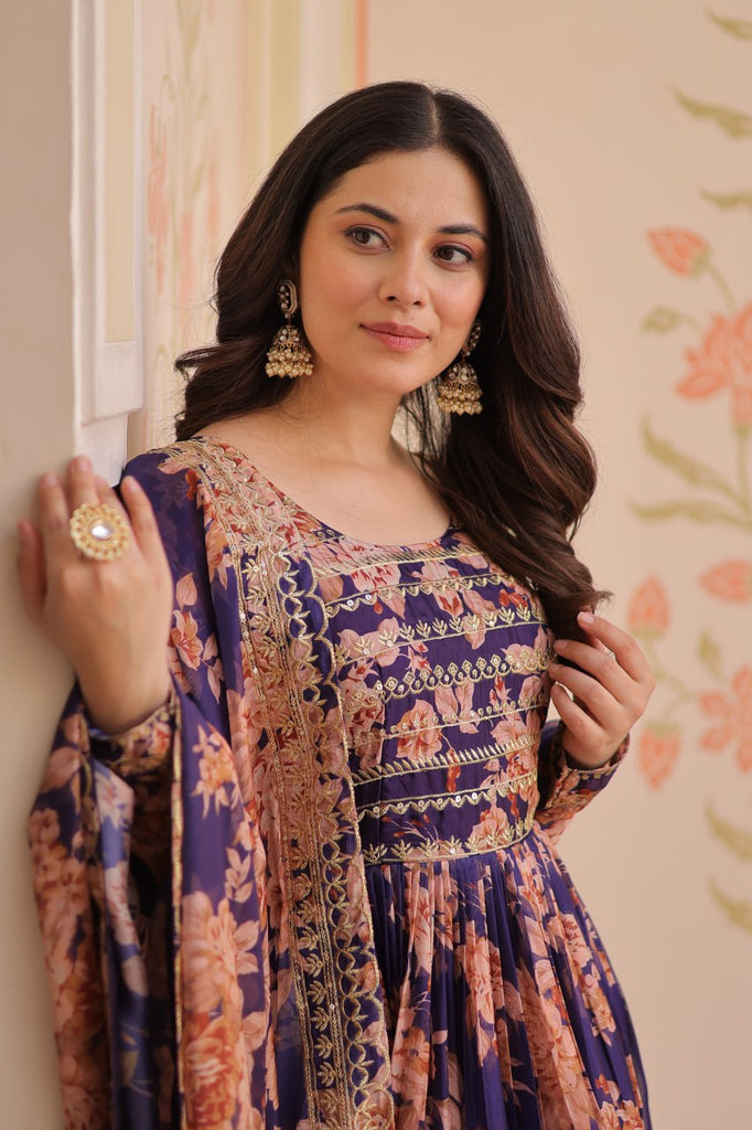 Purple Elegant Russian Silk Digital Print Gown with Embroidered Sequins Work & Dupatta ClothsVilla