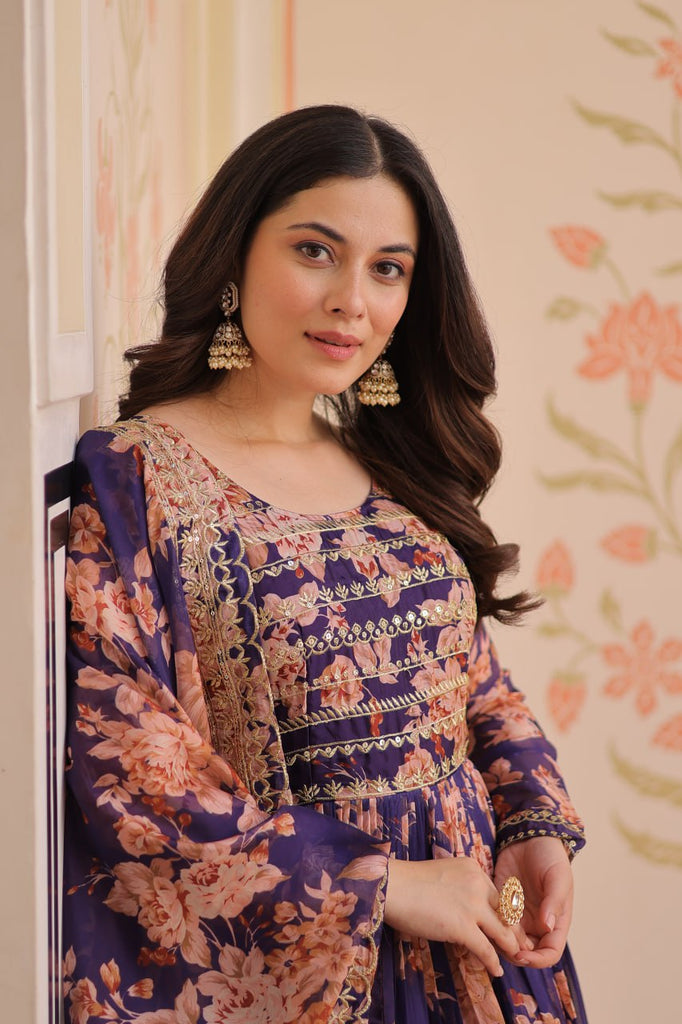 Purple Elegant Russian Silk Digital Print Gown with Embroidered Sequins Work & Dupatta ClothsVilla