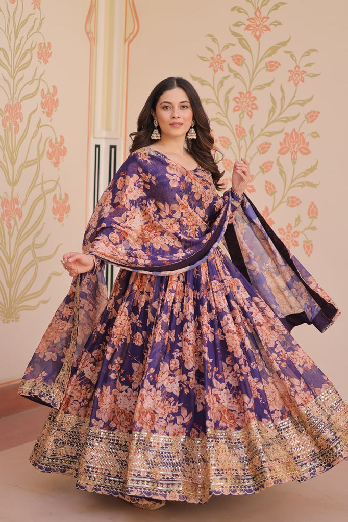 Purple Elegant Russian Silk Digital Print Gown with Embroidered Sequins Work & Dupatta ClothsVilla