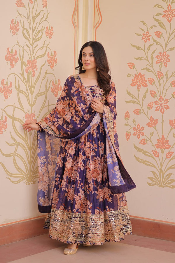 Purple Elegant Russian Silk Digital Print Gown with Embroidered Sequins Work & Dupatta ClothsVilla