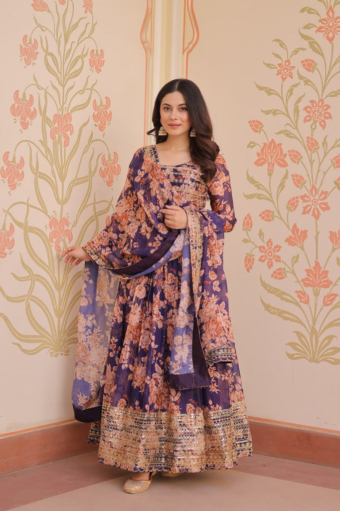 Purple Elegant Russian Silk Digital Print Gown with Embroidered Sequins Work & Dupatta ClothsVilla