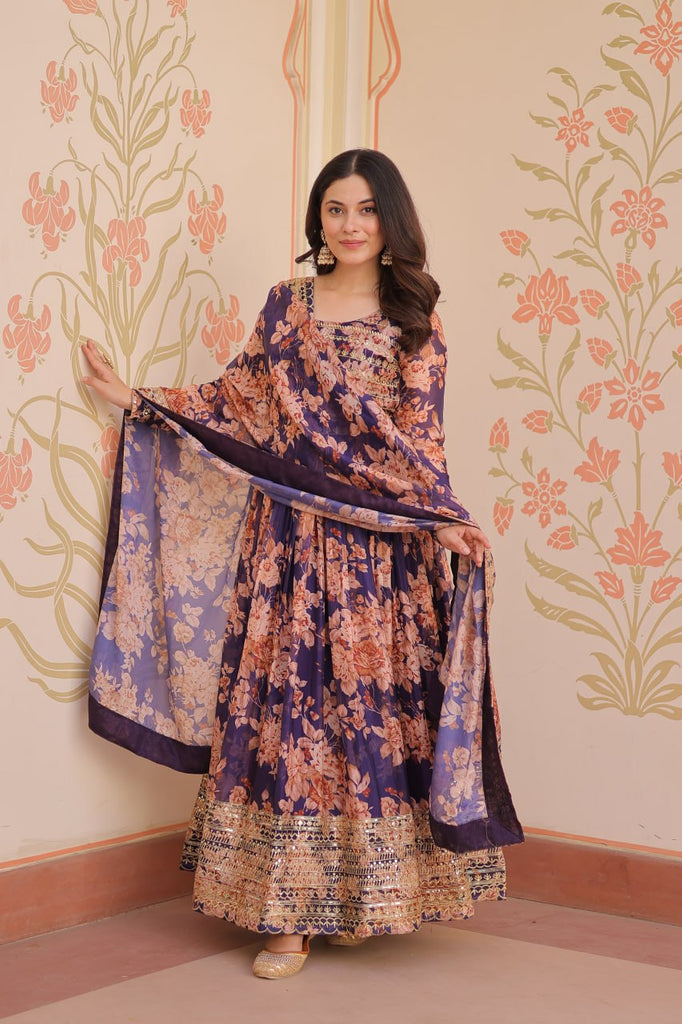 Purple Elegant Russian Silk Digital Print Gown with Embroidered Sequins Work & Dupatta ClothsVilla