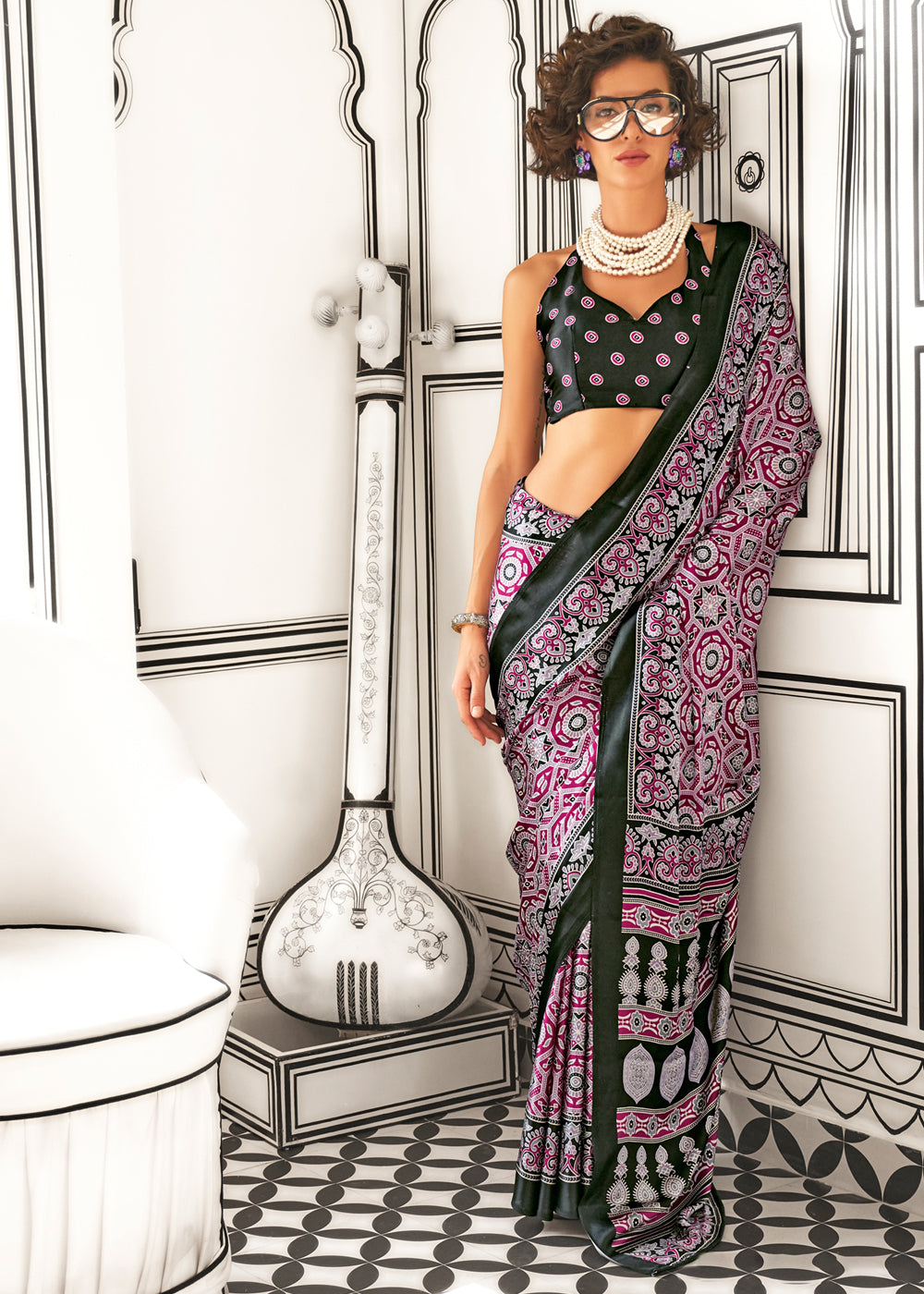 Purple Elegant Satin Crepe Saree – Luxurious & Graceful Drape ClothsVilla Main image