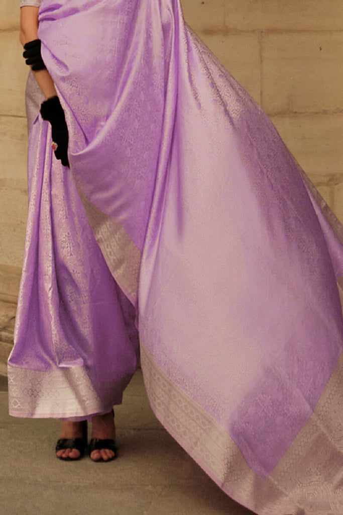 Purple Elegant Satin Silk Blend Saree with Matching Blended Silk Blouse Piece ClothsVilla