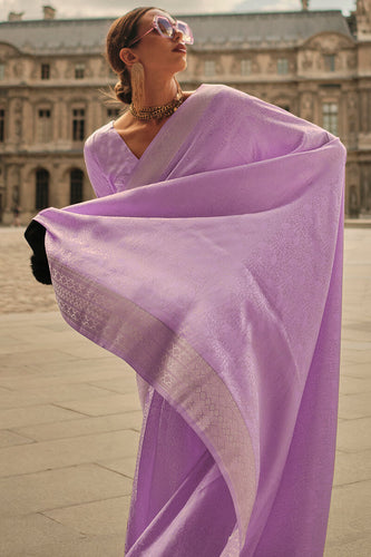 Purple Elegant Satin Silk Blend Saree with Matching Blended Silk Blouse Piece ClothsVilla