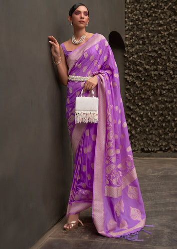 Purple Elegant Silk Blend Banarasi Saree with Unstitched Blouse Piece ClothsVilla