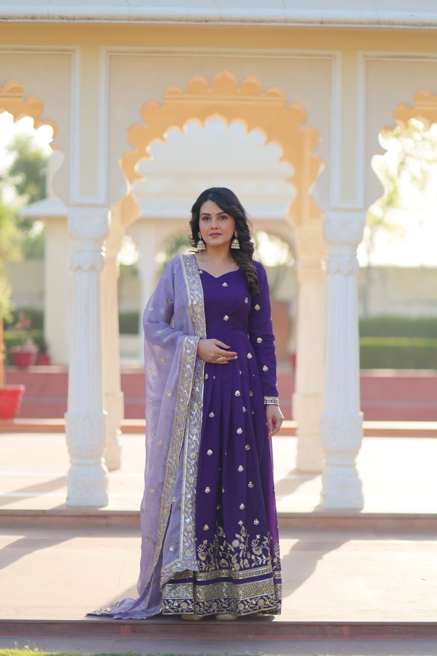 Purple Elegant Star Georgette Embroidered Gown with Fancy Neck & Designer Fendi Dupatta – Full Sleeve Flared, Lined Cotton Inner ClothsVilla Main image