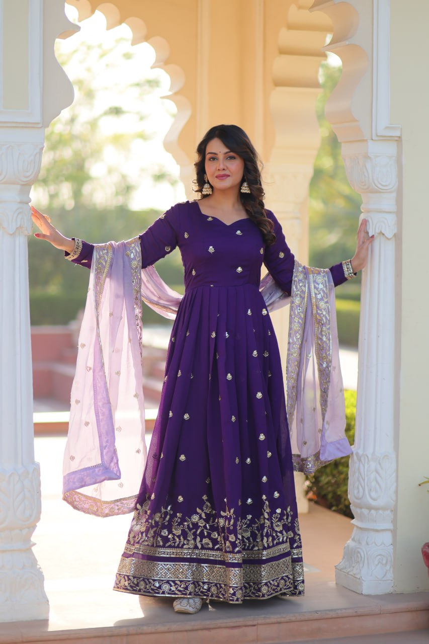 Purple Elegant Star Georgette Embroidered Gown with Fancy Neck & Designer Fendi Dupatta – Full Sleeve Flared, Lined Cotton Inner ClothsVilla
