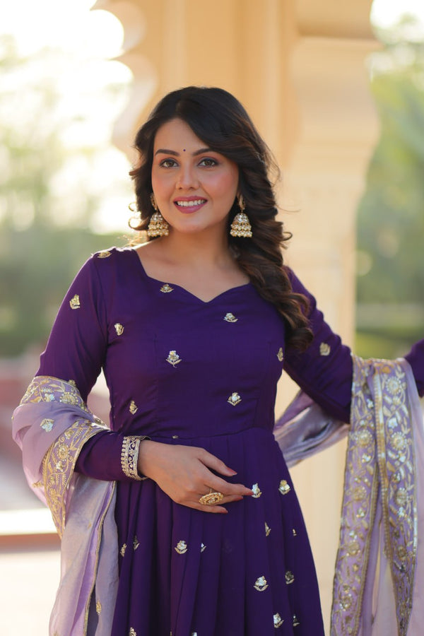 Purple Elegant Star Georgette Embroidered Gown with Fancy Neck & Designer Fendi Dupatta – Full Sleeve Flared, Lined Cotton Inner ClothsVilla