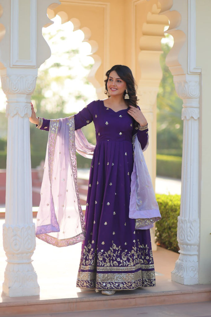 Purple Elegant Star Georgette Embroidered Gown with Fancy Neck & Designer Fendi Dupatta – Full Sleeve Flared, Lined Cotton Inner ClothsVilla