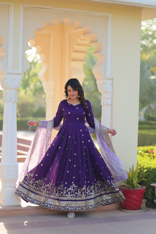 Purple Elegant Star Georgette Embroidered Gown with Fancy Neck & Designer Fendi Dupatta – Full Sleeve Flared, Lined Cotton Inner ClothsVilla