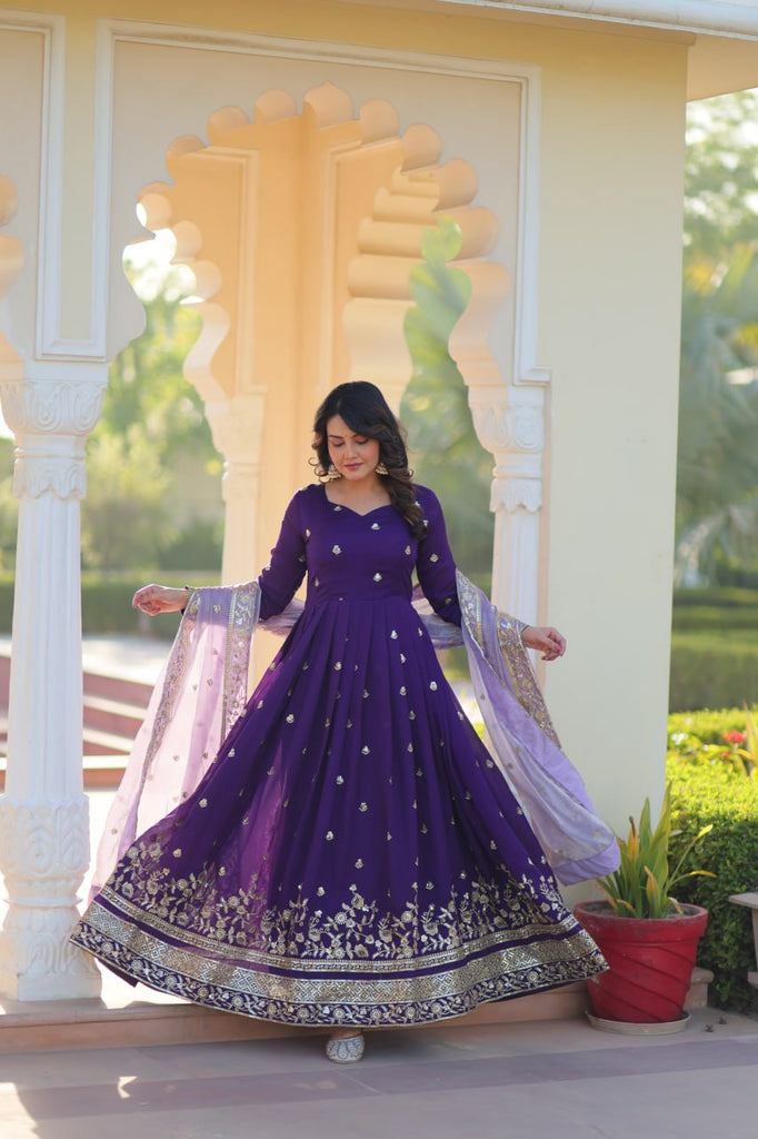 Purple Elegant Star Georgette Embroidered Gown with Fancy Neck & Designer Fendi Dupatta – Full Sleeve Flared, Lined Cotton Inner ClothsVilla