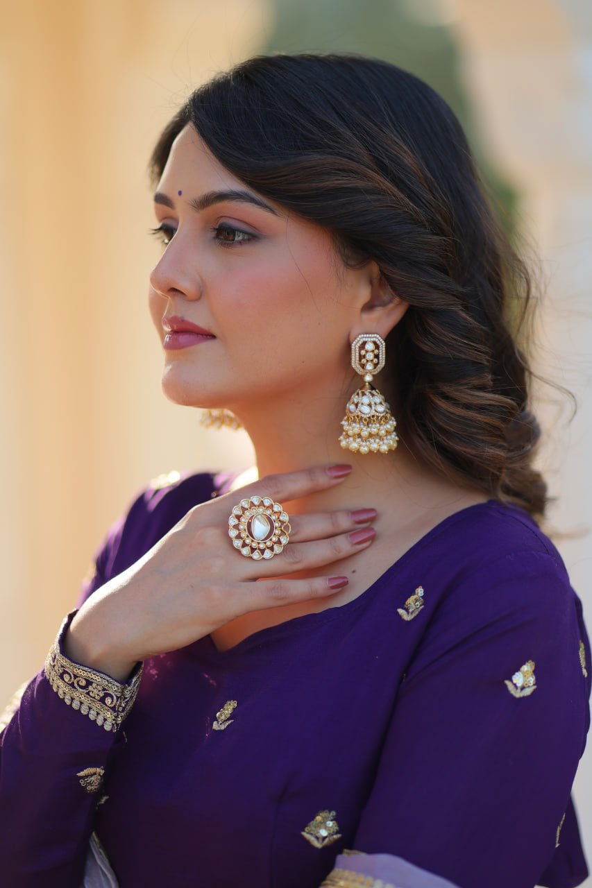 Purple Elegant Star Georgette Embroidered Gown with Fancy Neck & Designer Fendi Dupatta – Full Sleeve Flared, Lined Cotton Inner ClothsVilla