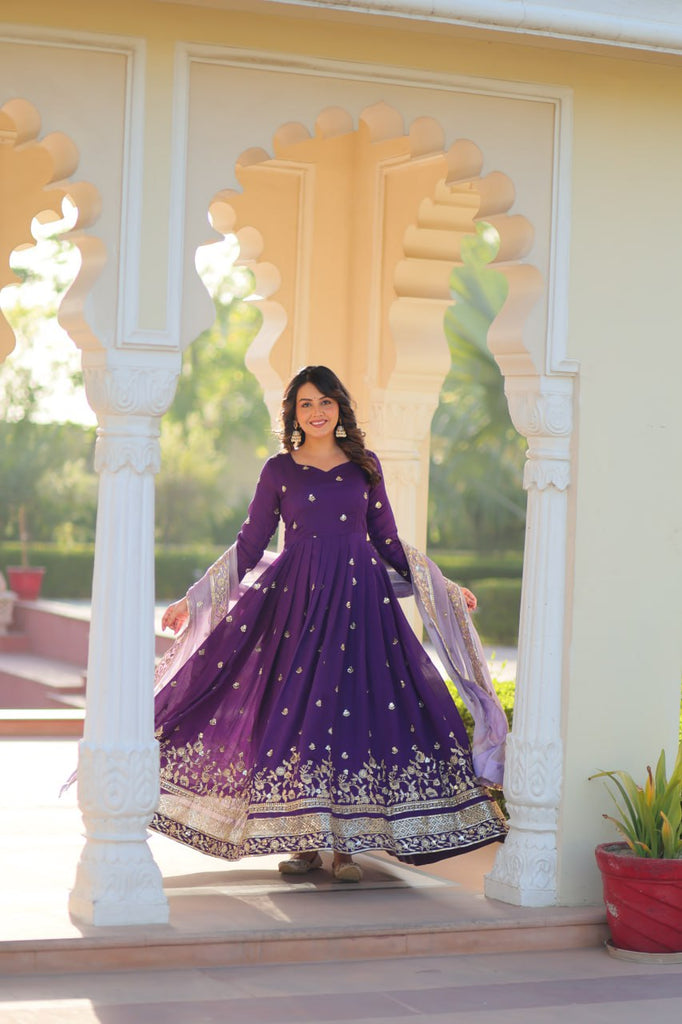 Purple Elegant Star Georgette Embroidered Gown with Fancy Neck & Designer Fendi Dupatta – Full Sleeve Flared, Lined Cotton Inner ClothsVilla