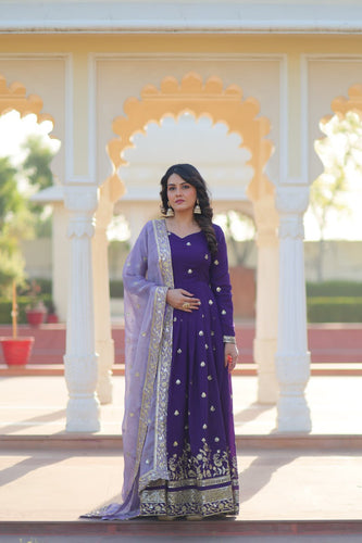 Purple Elegant Star Georgette Embroidered Gown with Fancy Neck & Designer Fendi Dupatta – Full Sleeve Flared, Lined Cotton Inner ClothsVilla