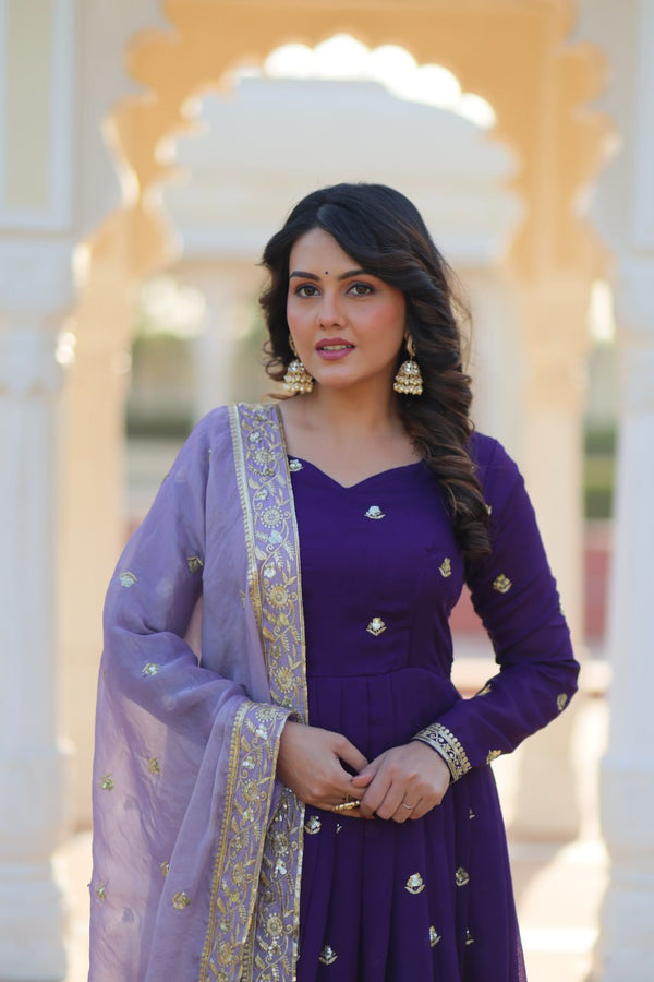 Purple Elegant Star Georgette Embroidered Gown with Fancy Neck & Designer Fendi Dupatta – Full Sleeve Flared, Lined Cotton Inner ClothsVilla