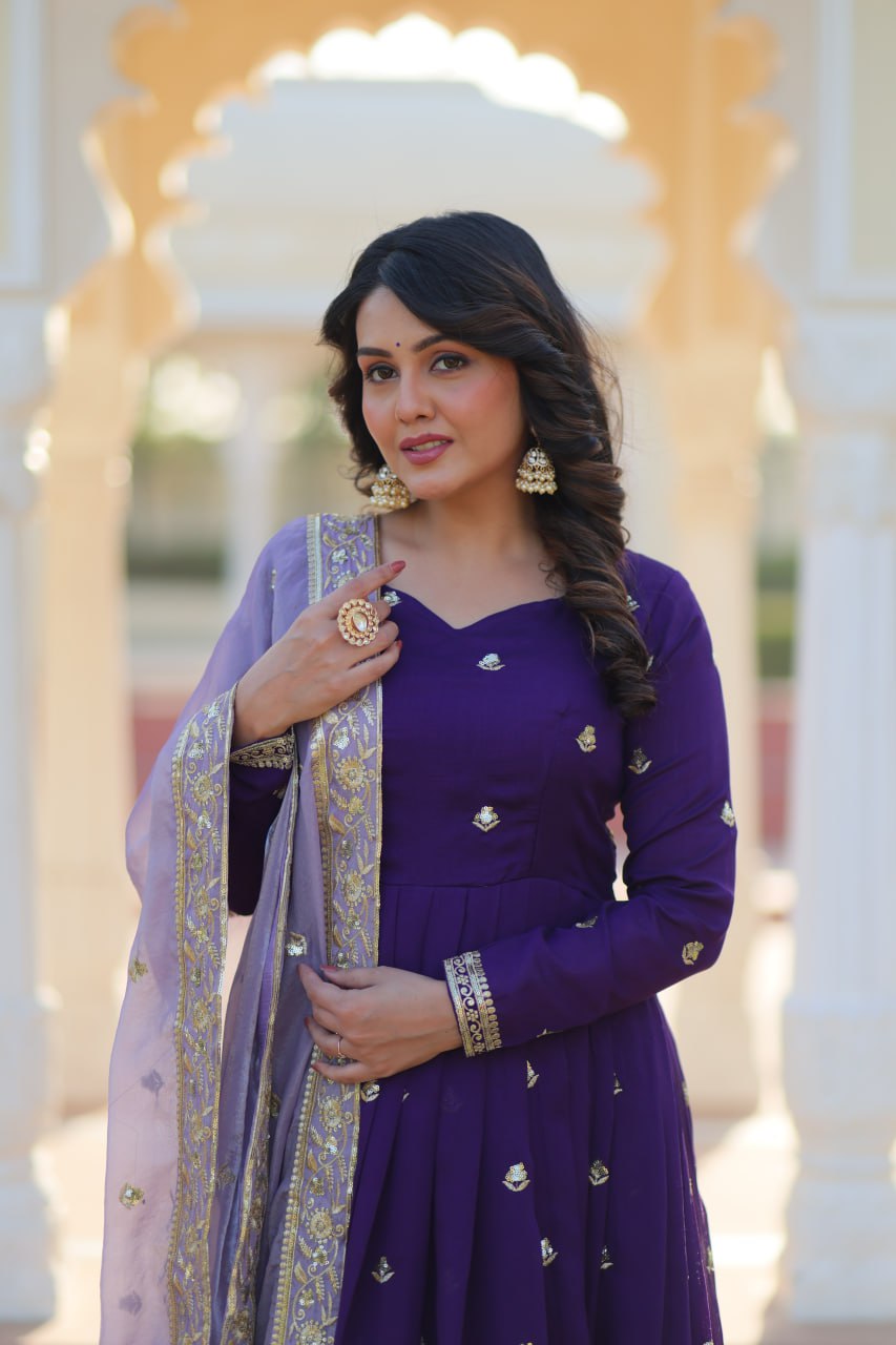 Purple Elegant Star Georgette Embroidered Gown with Fancy Neck & Designer Fendi Dupatta – Full Sleeve Flared, Lined Cotton Inner ClothsVilla