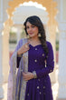 Load image into Gallery viewer, Purple Elegant Star Georgette Embroidered Gown with Fancy Neck &amp; Designer Fendi Dupatta – Full Sleeve Flared, Lined Cotton Inner ClothsVilla