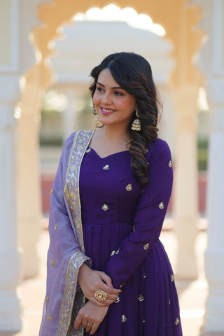 Purple Elegant Star Georgette Embroidered Gown with Fancy Neck & Designer Fendi Dupatta – Full Sleeve Flared, Lined Cotton Inner ClothsVilla