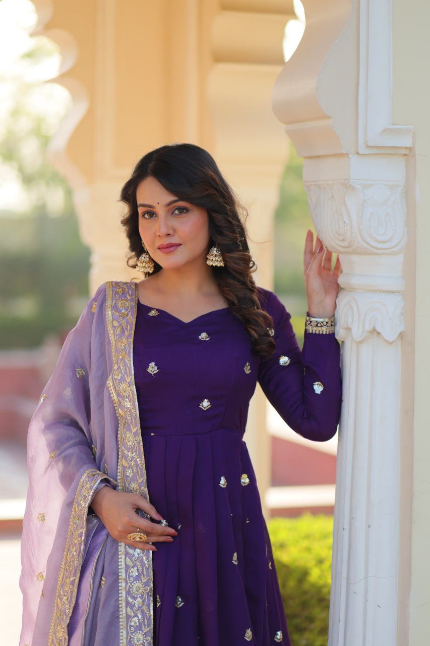 Purple Elegant Star Georgette Embroidered Gown with Fancy Neck & Designer Fendi Dupatta – Full Sleeve Flared, Lined Cotton Inner ClothsVilla