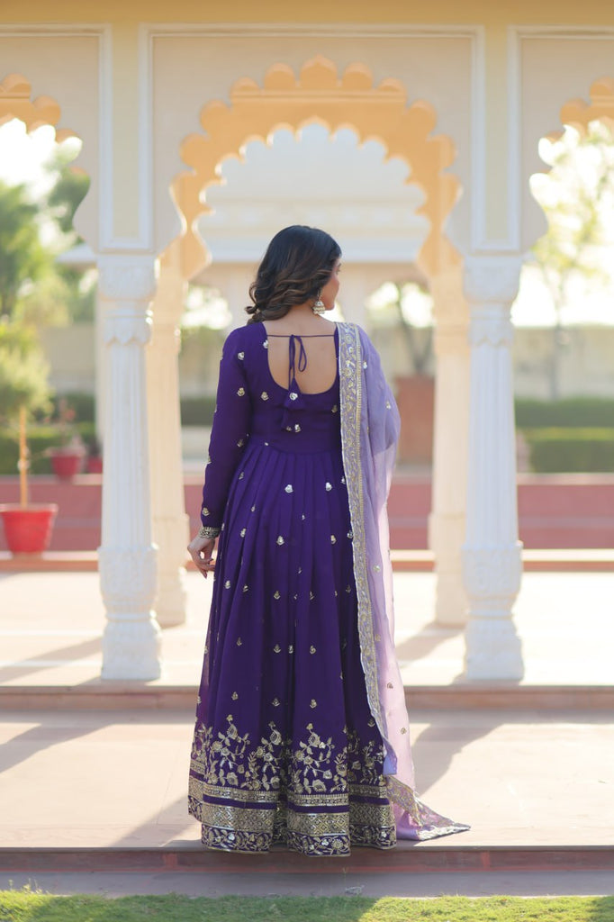 Purple Elegant Star Georgette Embroidered Gown with Fancy Neck & Designer Fendi Dupatta – Full Sleeve Flared, Lined Cotton Inner ClothsVilla