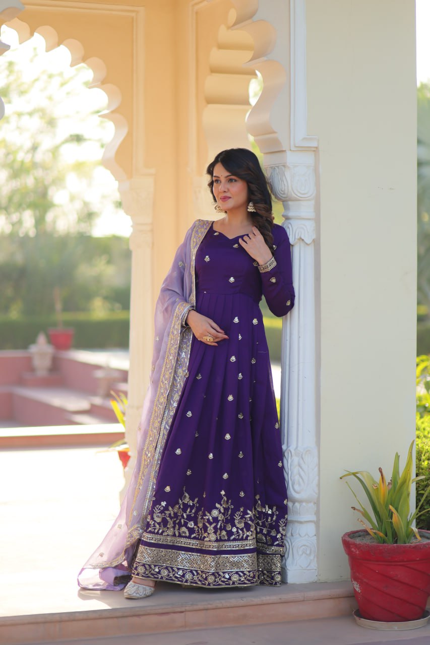 Purple Elegant Star Georgette Embroidered Gown with Fancy Neck & Designer Fendi Dupatta – Full Sleeve Flared, Lined Cotton Inner ClothsVilla