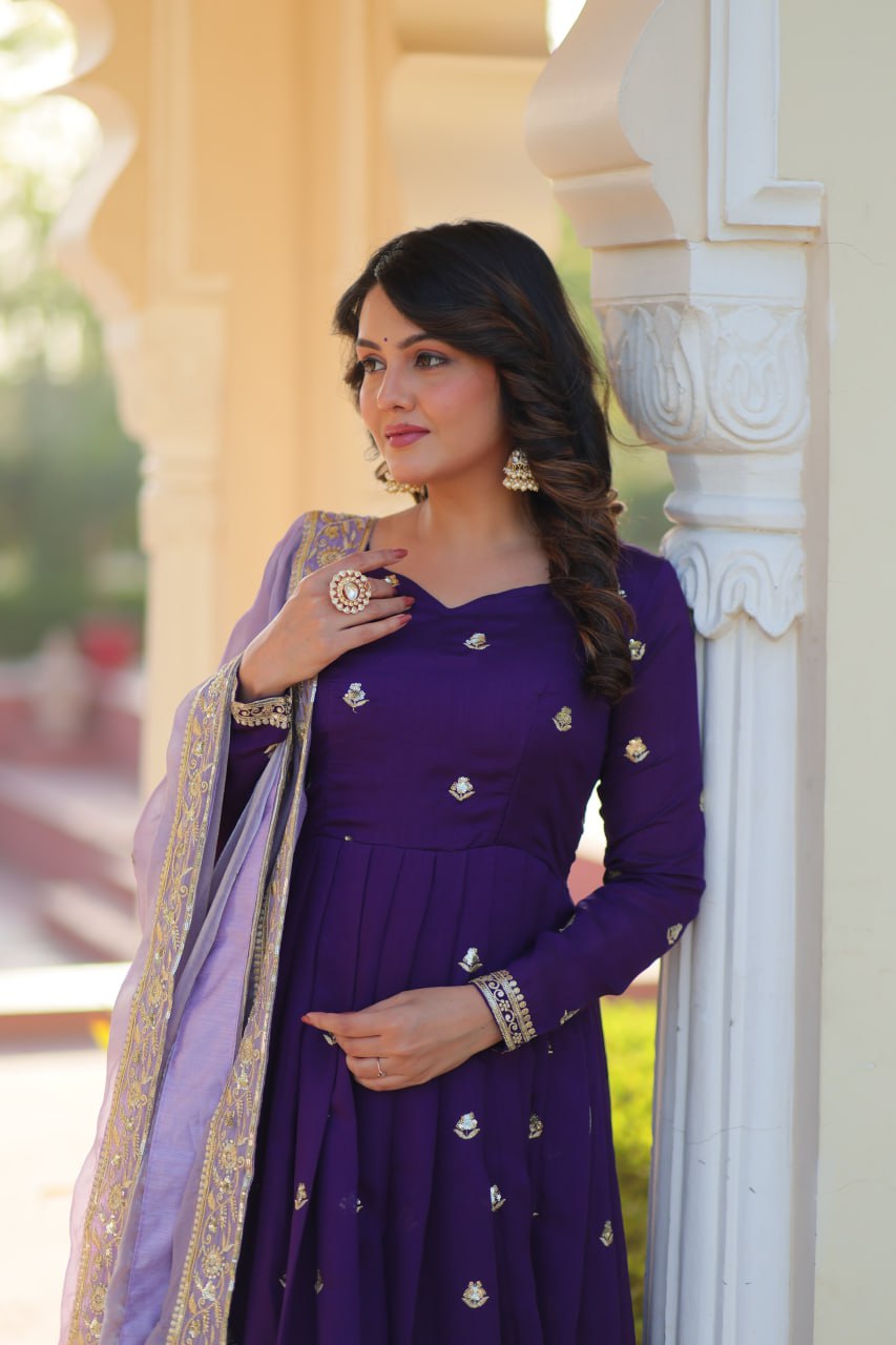Purple Elegant Star Georgette Embroidered Gown with Fancy Neck & Designer Fendi Dupatta – Full Sleeve Flared, Lined Cotton Inner ClothsVilla