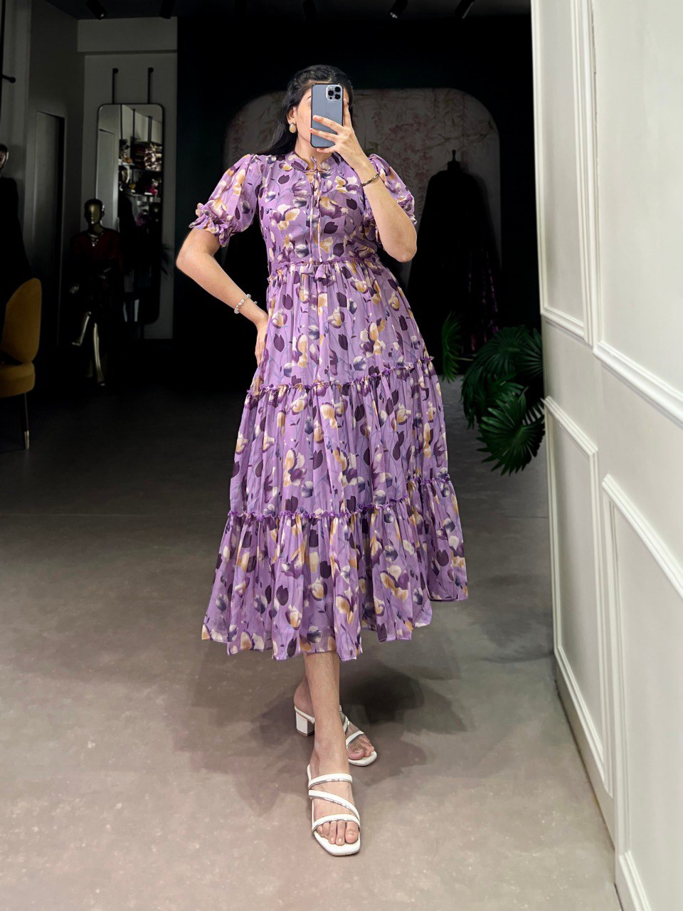 Purple Elegant Tabby Silk Printed Frock – A Timeless Statement of Sophistication Main image