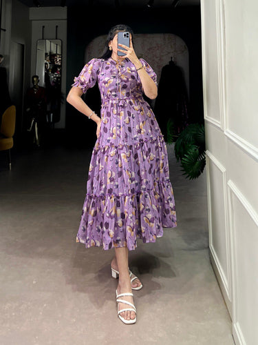 Purple Elegant Tabby Silk Printed Frock – A Timeless Statement of Sophistication