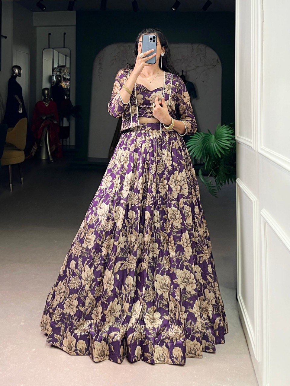 Purple Elegant Tasar Silk Floral Printed Lehenga Choli with Matching Koti – Stitched Traditional Ensemble with Lace Detailing ClothsVilla