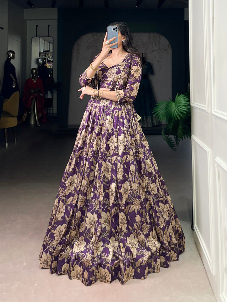 Purple Elegant Tasar Silk Floral Printed Lehenga Choli with Matching Koti – Stitched Traditional Ensemble with Lace Detailing ClothsVilla