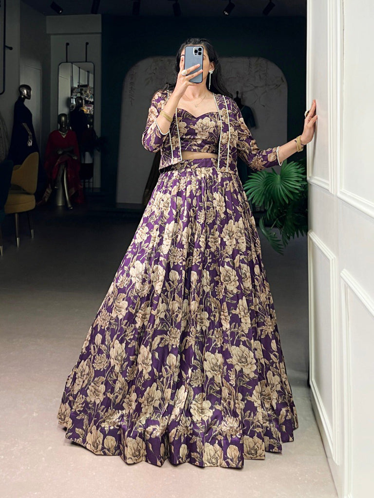 Purple Elegant Tasar Silk Floral Printed Lehenga Choli with Matching Koti – Stitched Traditional Ensemble with Lace Detailing ClothsVilla